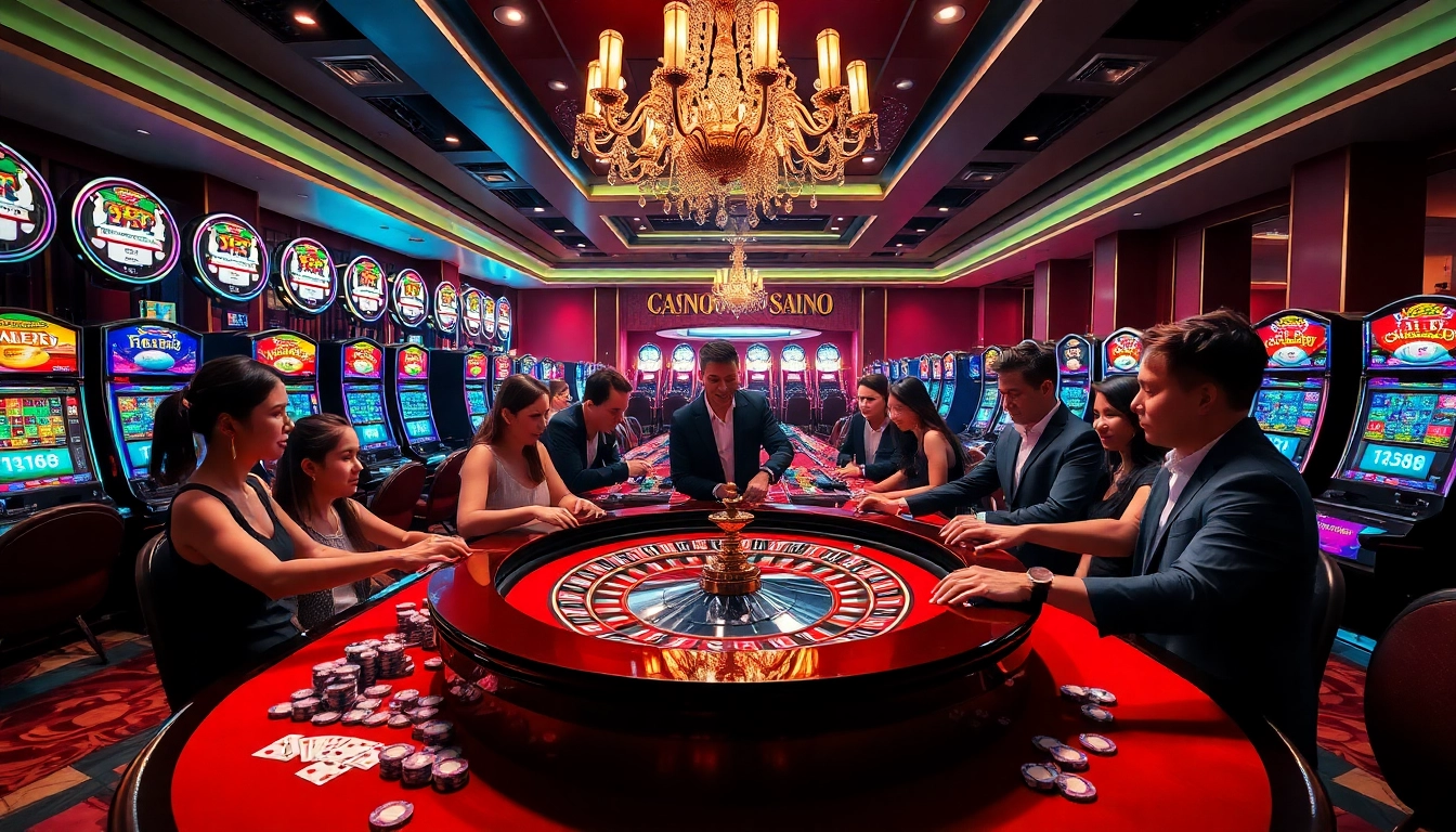 Exciting casino gameplay featuring NK88-themed roulette and vibrant slot machines.