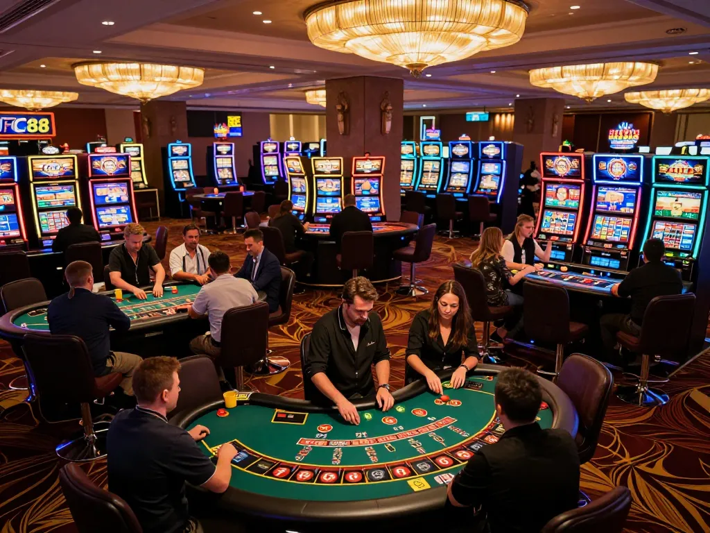 Engaged players enjoying dynamic games at FC88 casino, showcasing thrilling blackjack and roulette action.