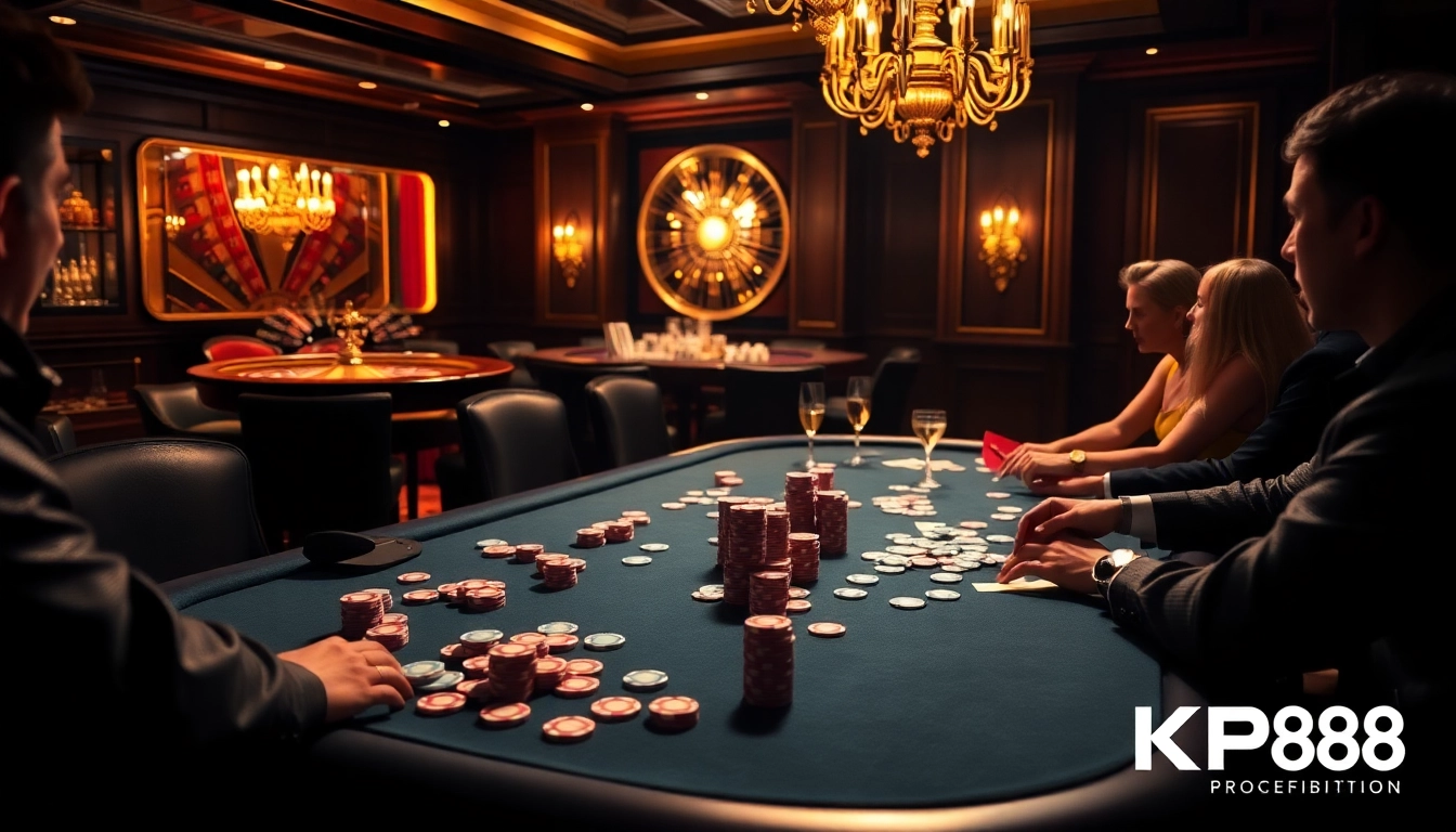 Experience thrilling gaming at KP88's luxurious casino with vibrant poker tables.