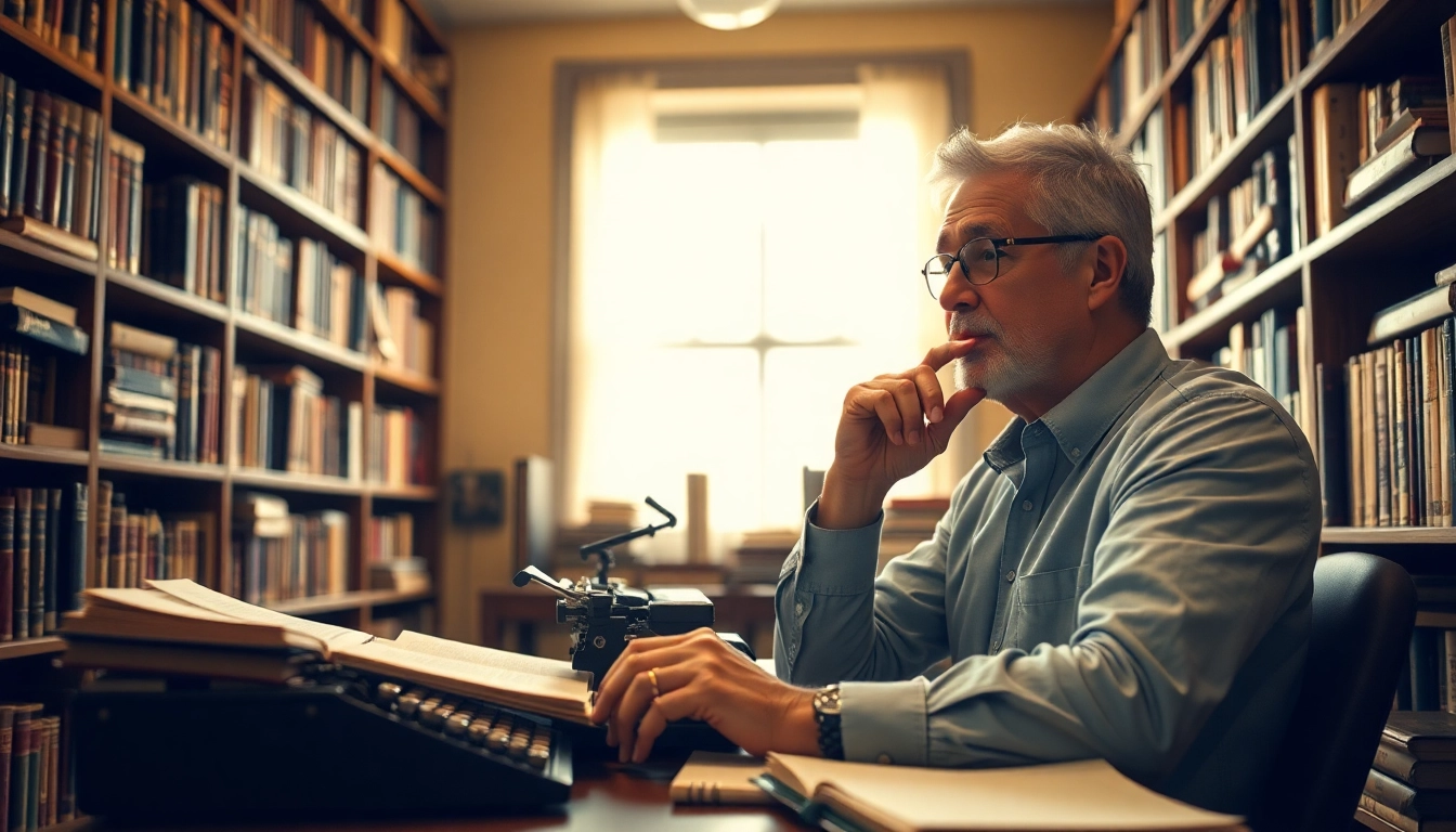 Author contemplating in a cozy library filled with books, notable ambiance and focus.