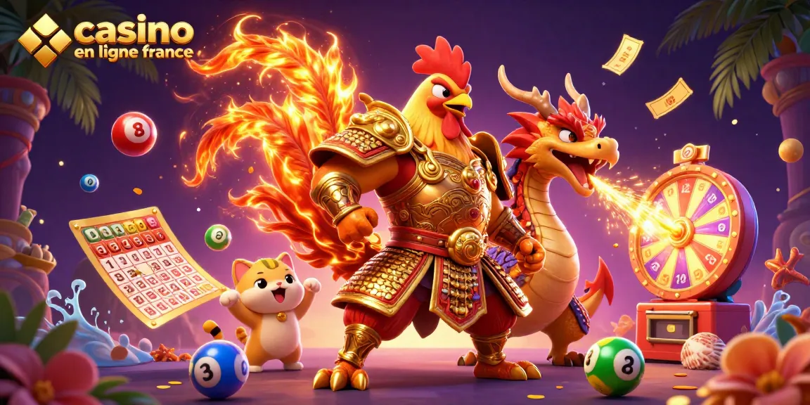 Illustration dynamique représentant un casino en ligne France avec un coq guerrier et un dragon, entourés de balles de loterie.