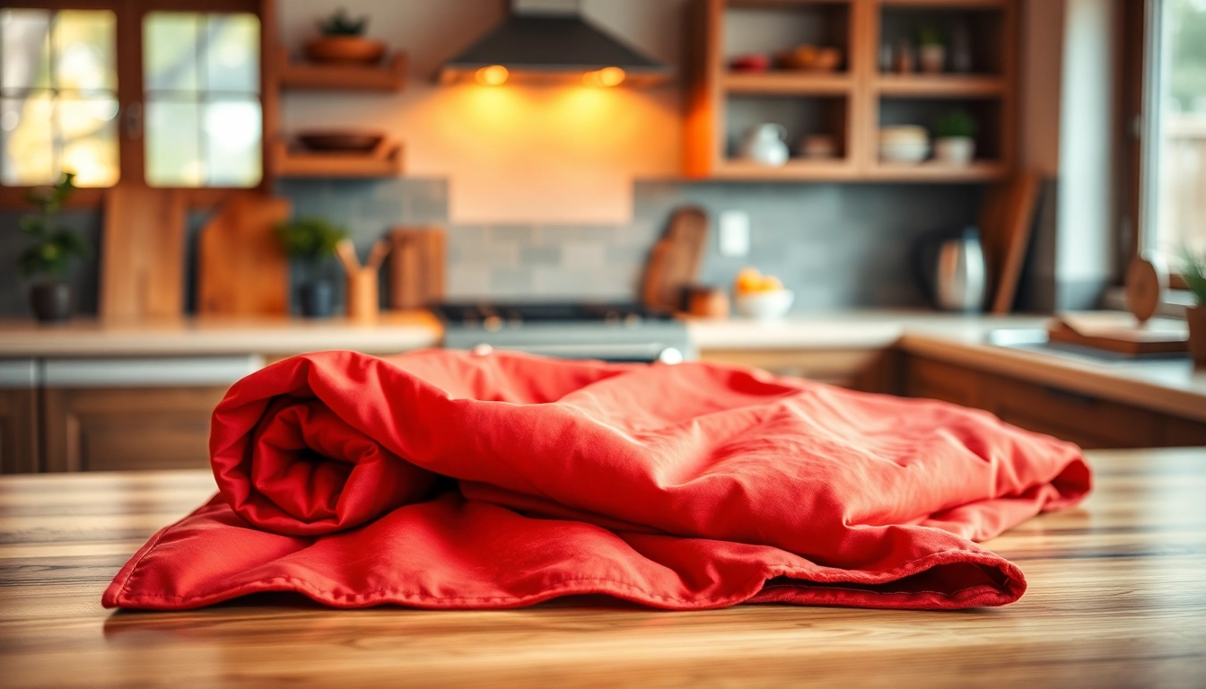 Safe and durable fire blanket on a kitchen countertop for fire emergencies.