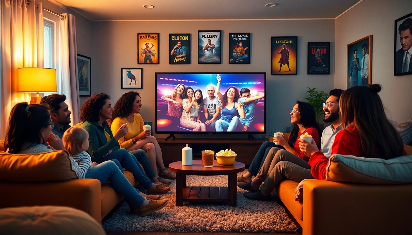 Enjoying movies online in a cozy living room with friends during a watch party.
