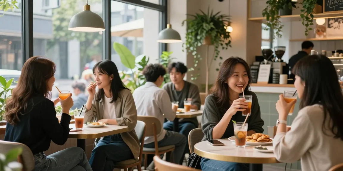강남쩜오 멀리건에서 커피를 즐기는 미소 짓는 손님들, 현대적인 인테리어가 돋보이는 분위기