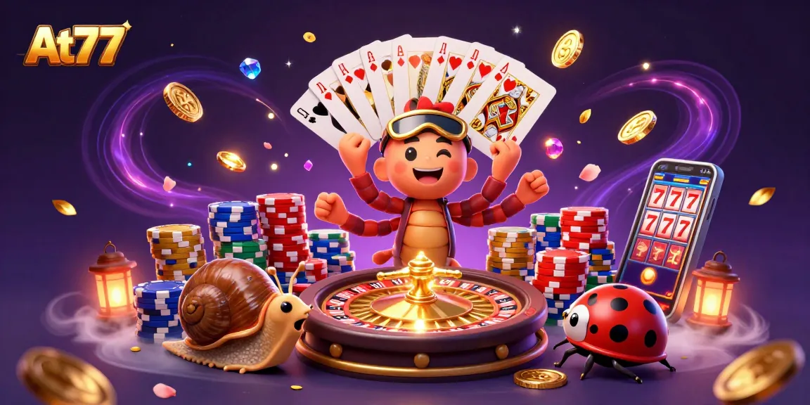 At77 offers a dynamic casino scene featuring a millipede dealer and characters among sparkling gems and coins.