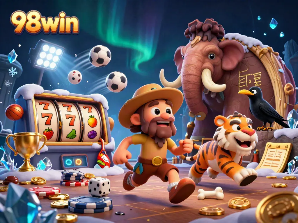 Spin and win with 98win at a lively prehistoric casino featuring cavemen and vibrant games.
