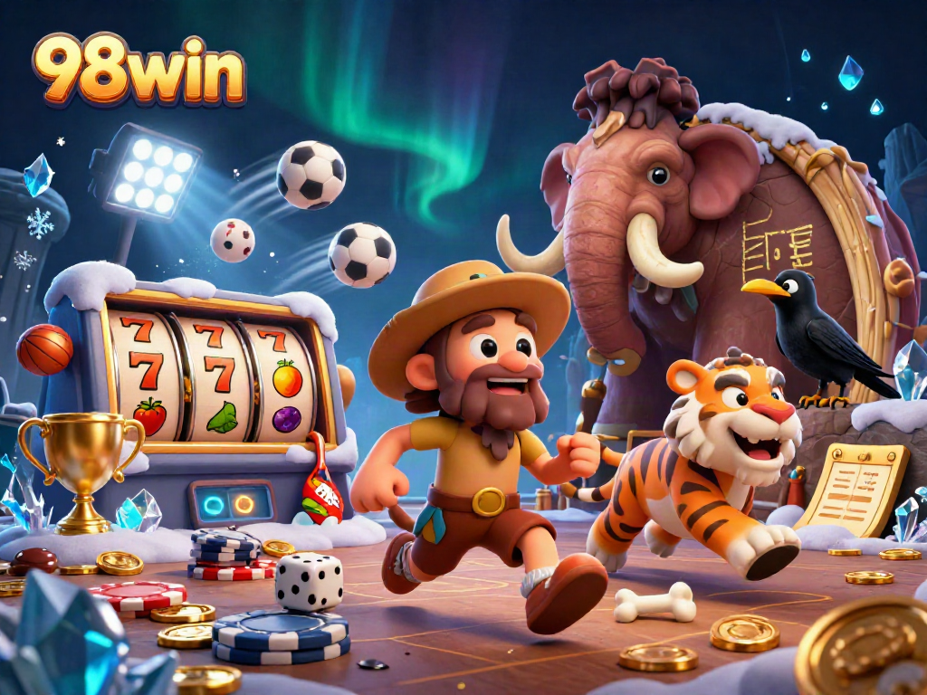 Spin and win with 98win at a lively prehistoric casino featuring cavemen and vibrant games.
