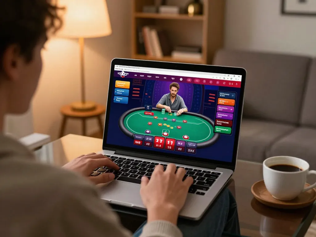 Engaged player enjoying J188 online poker game at home with modern interface.