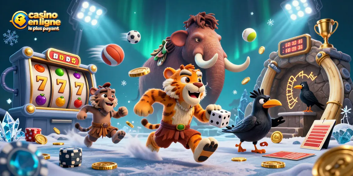 Illustration de casino en ligne le plus payant avec un duo de cavemen et un tigre à dents de sabre jouant avec des jeux de casino.