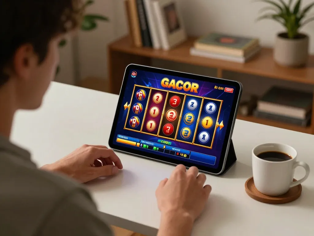 Engaging gameplay showing slot gacor on tablet in cozy home setting, illustrating online gambling excitement.
