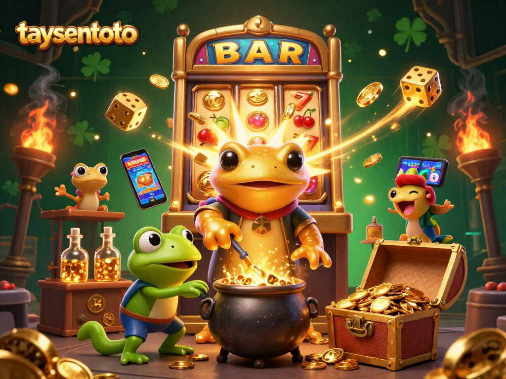 Taysentoto offers thrilling mobile gaming with a cartoon golden salamander alchemist and vibrant casino elements.