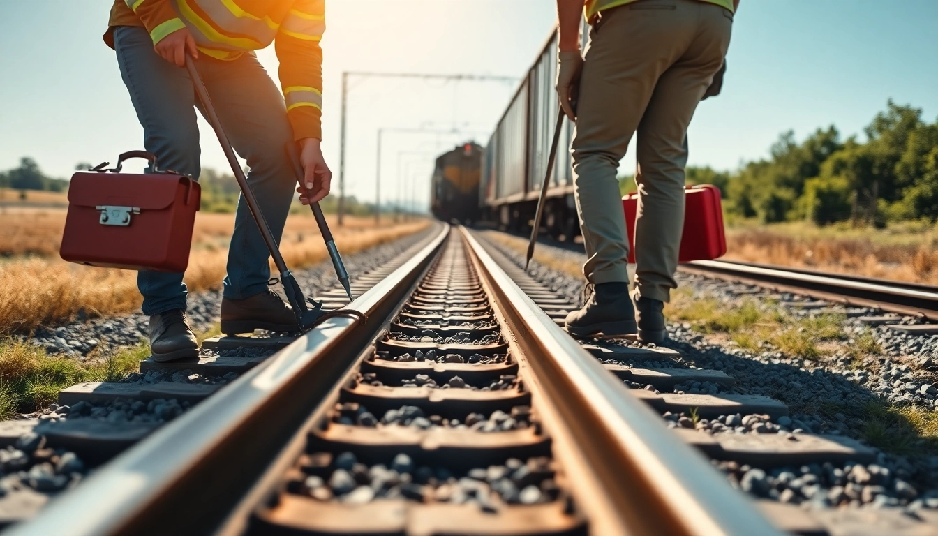 Emergency Railroad Repair Services with professionals fixing train tracks in bright daylight.