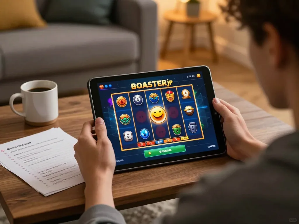 Player enjoying boosterjp slot game on tablet in cozy home setting with strategies visible.