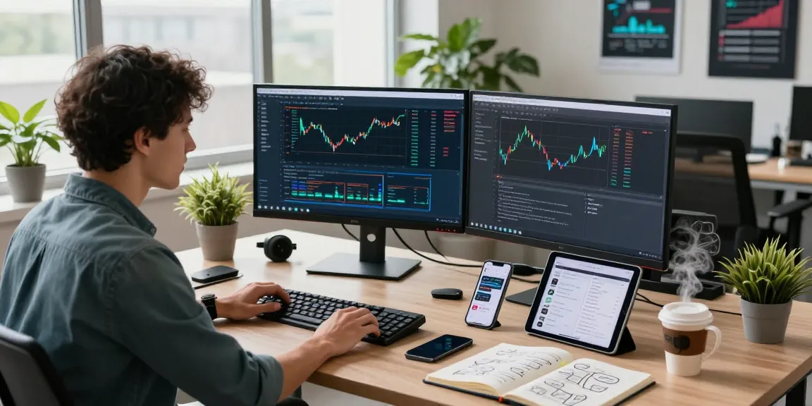 Real-time financial data API development scene showcasing low latency tick data API in use with financial charts and coding.