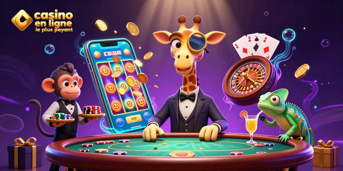 Illustration dynamique de casino en ligne le plus payant avec une girafe joueur au poker et un valet singe.