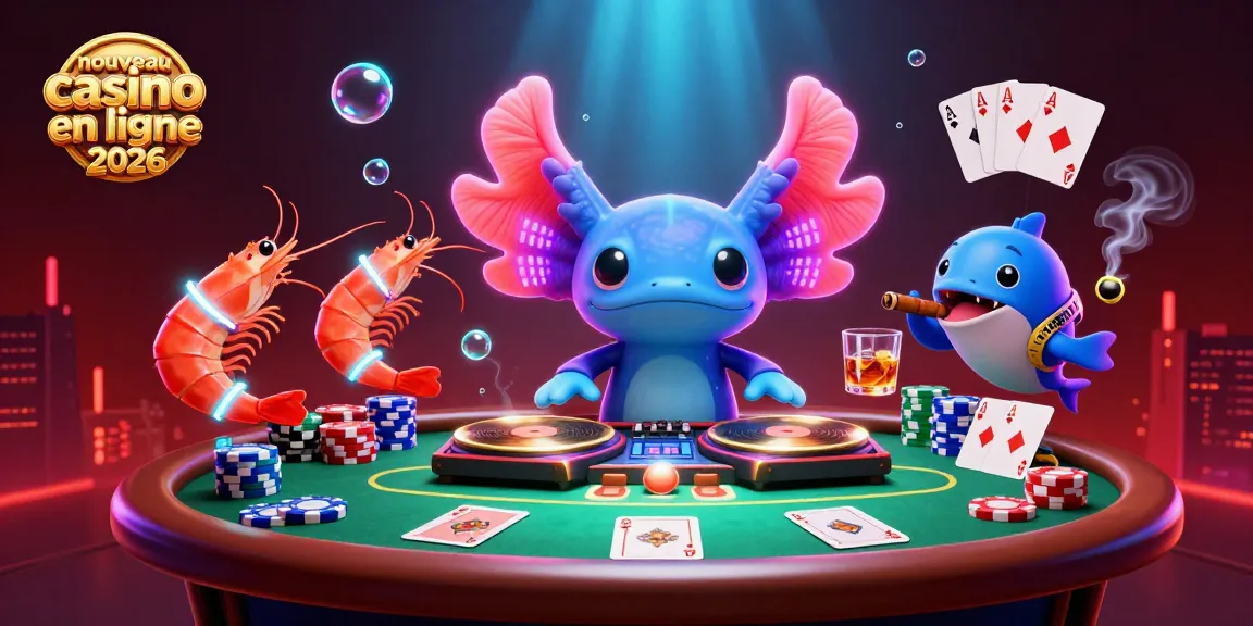 Illustration vibrante d'un nouveau casino en ligne 2026, mettant en scène un DJ axolotl et des crevettes dansantes.