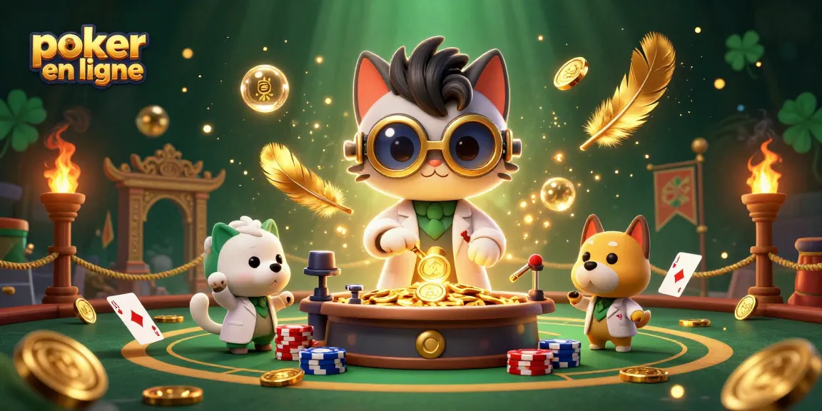 Jouez au poker en ligne dans une scène colorée illustrant des personnages animés et des éléments de poker dynamiques.