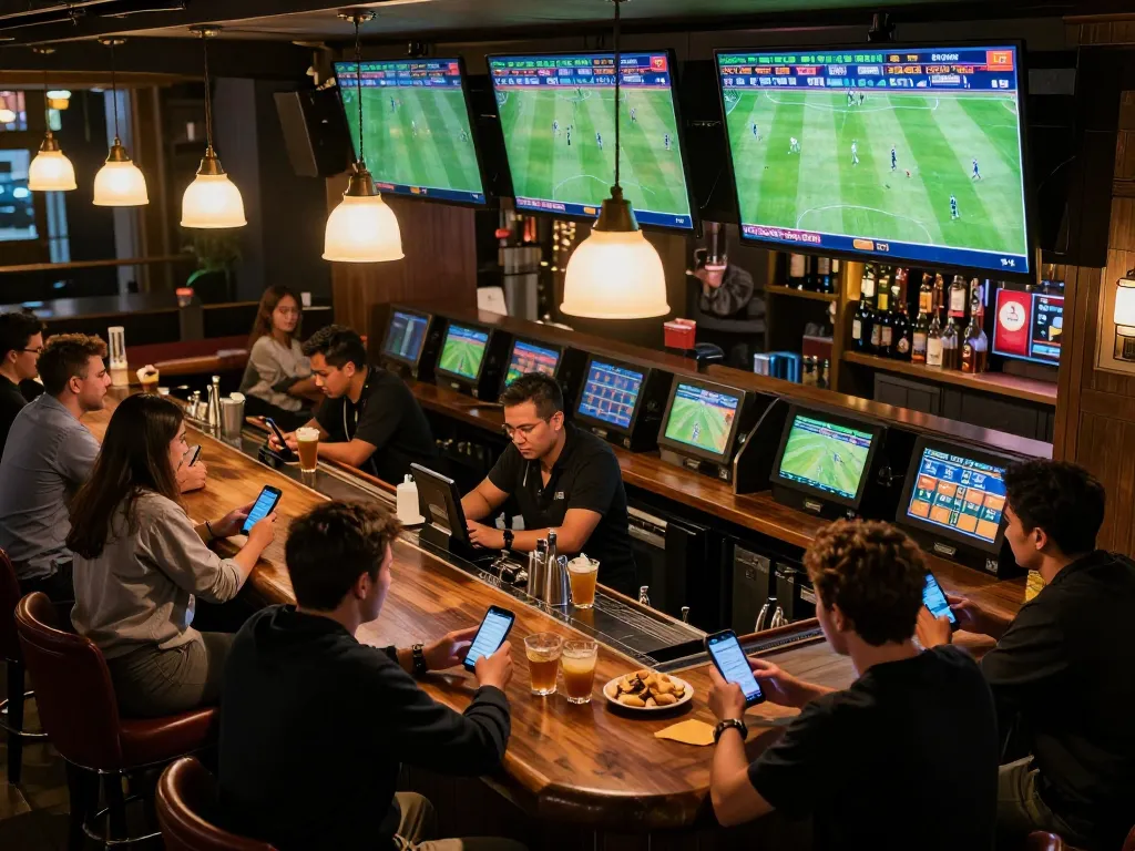 KQBD sports betting scene with patrons engaged, live soccer matches on screens, creating an exciting atmosphere