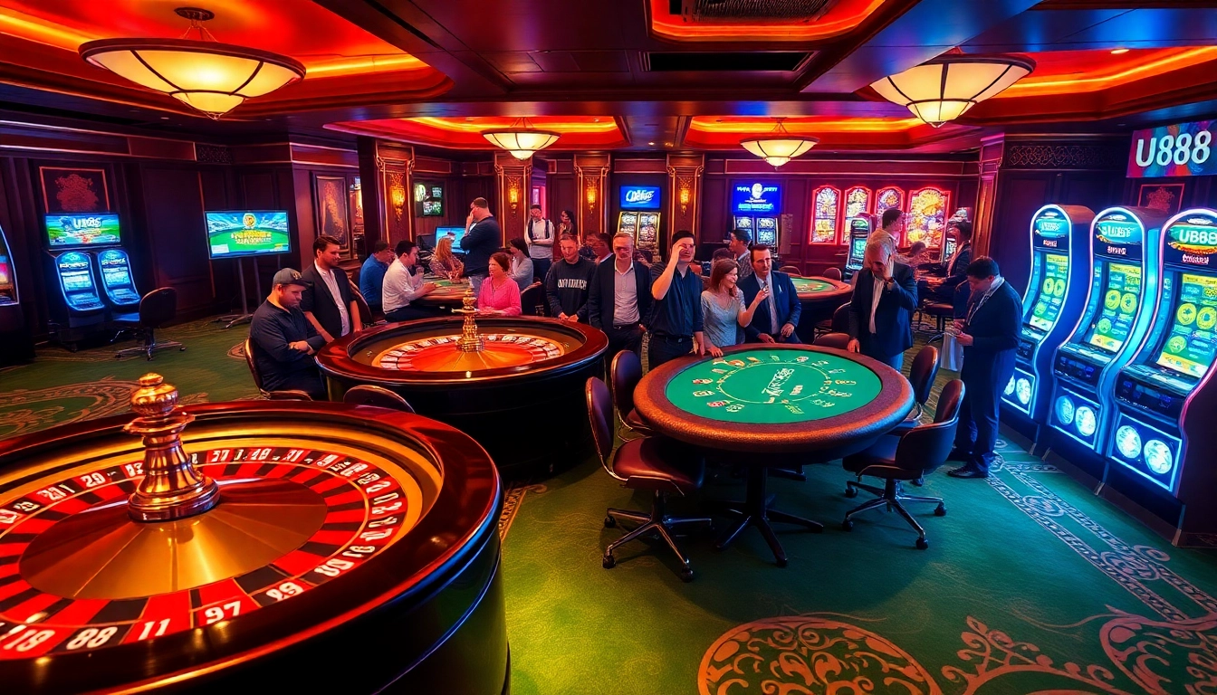 U888 casino experience with players enjoying games at roulette and poker tables.