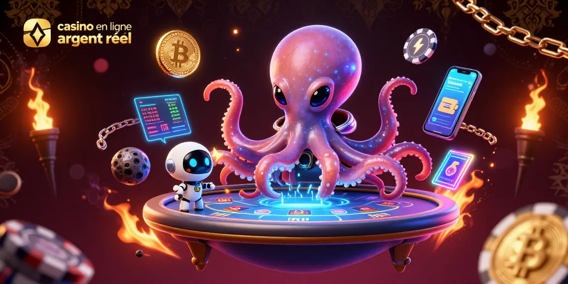 Un pieuvre alien en costume spatial joue au poker dans un casino en ligne argent réel, entouré de jetons flottants et de crypto-monnaies.
