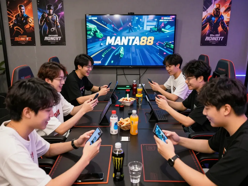 Young adults enjoying online games at mantra88 in a vibrant gaming lounge