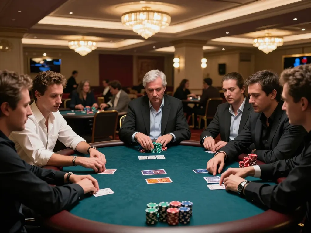 Players engaged in high-stakes poker game at CM88 casino, chips stacked signaling bets, luxury atmosphere.