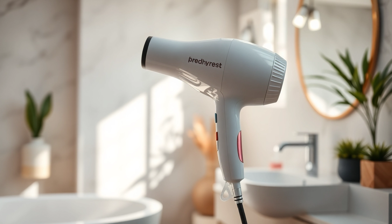 Frizzy hair dryer showcasing ergonomic design and modern features in a stylish bathroom setting.