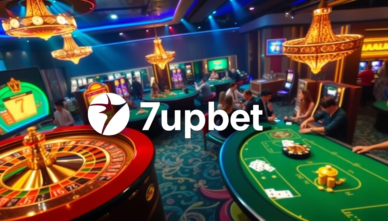 Experience thrilling gameplay at 7upbet, featuring vibrant casino tables, cards, and roulette wheels.