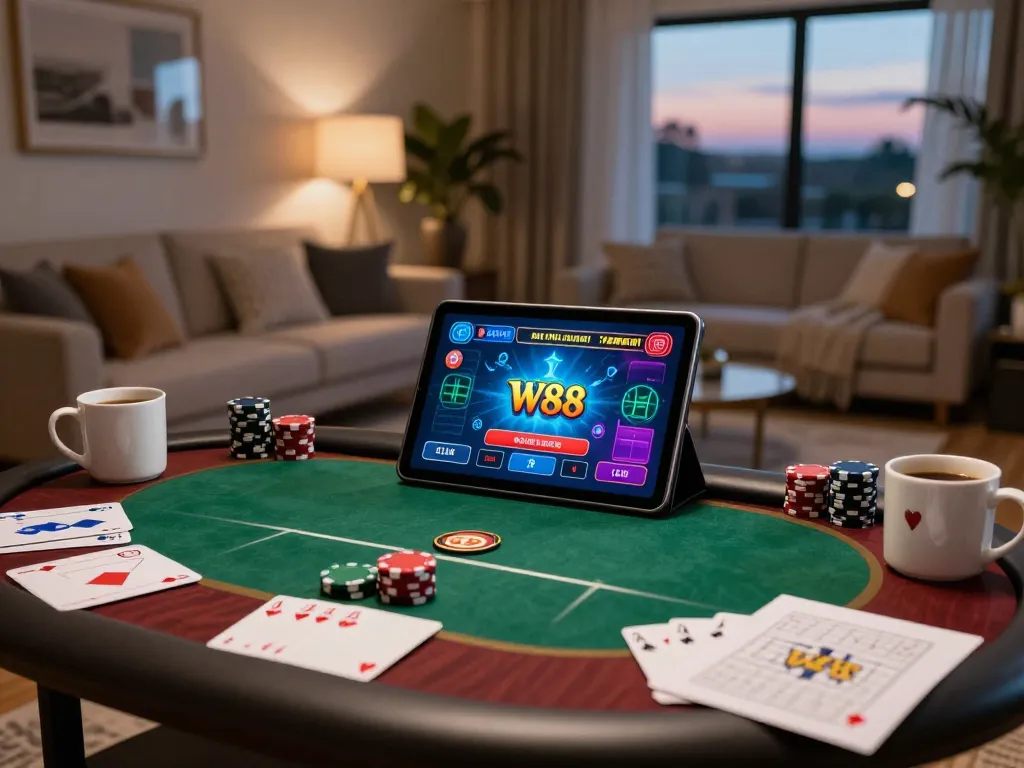 Player engaging in an online poker game at W88 on a tablet, surrounded by cozy decor.