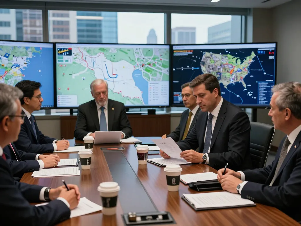 Analysts discuss Trump Iran policy in a modern conference room with strategic maps and reports.