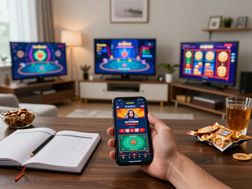 Player engaging with AZTEC888 casino app on smartphone in cozy home setting with strategic gambling notes