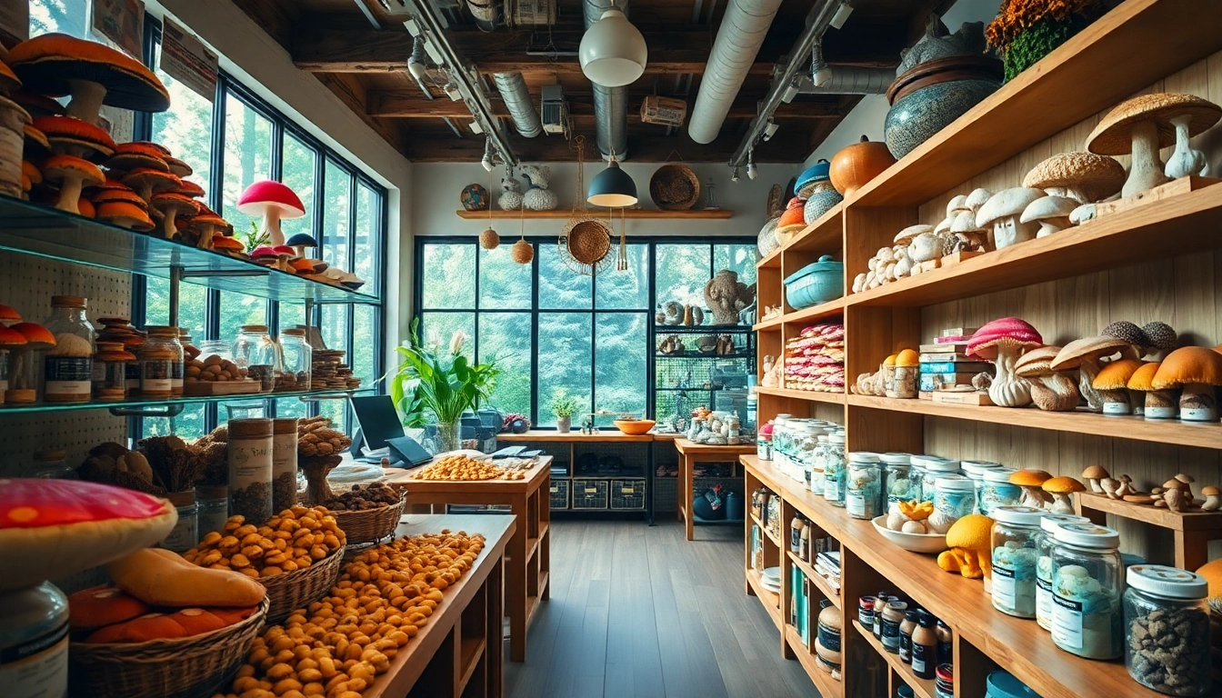 Buy psychedelics online Canada at a well-organized shop displaying colorful mushroom products.