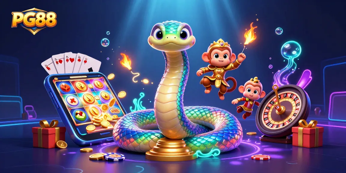 Engage with PG88's vibrant gambling scene featuring a lively monkey king and rainbow serpent.