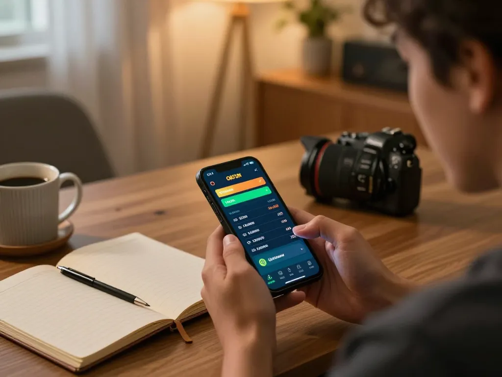 Person engaging with the OKFUN betting app in a vibrant home setting while tracking live betting odds.