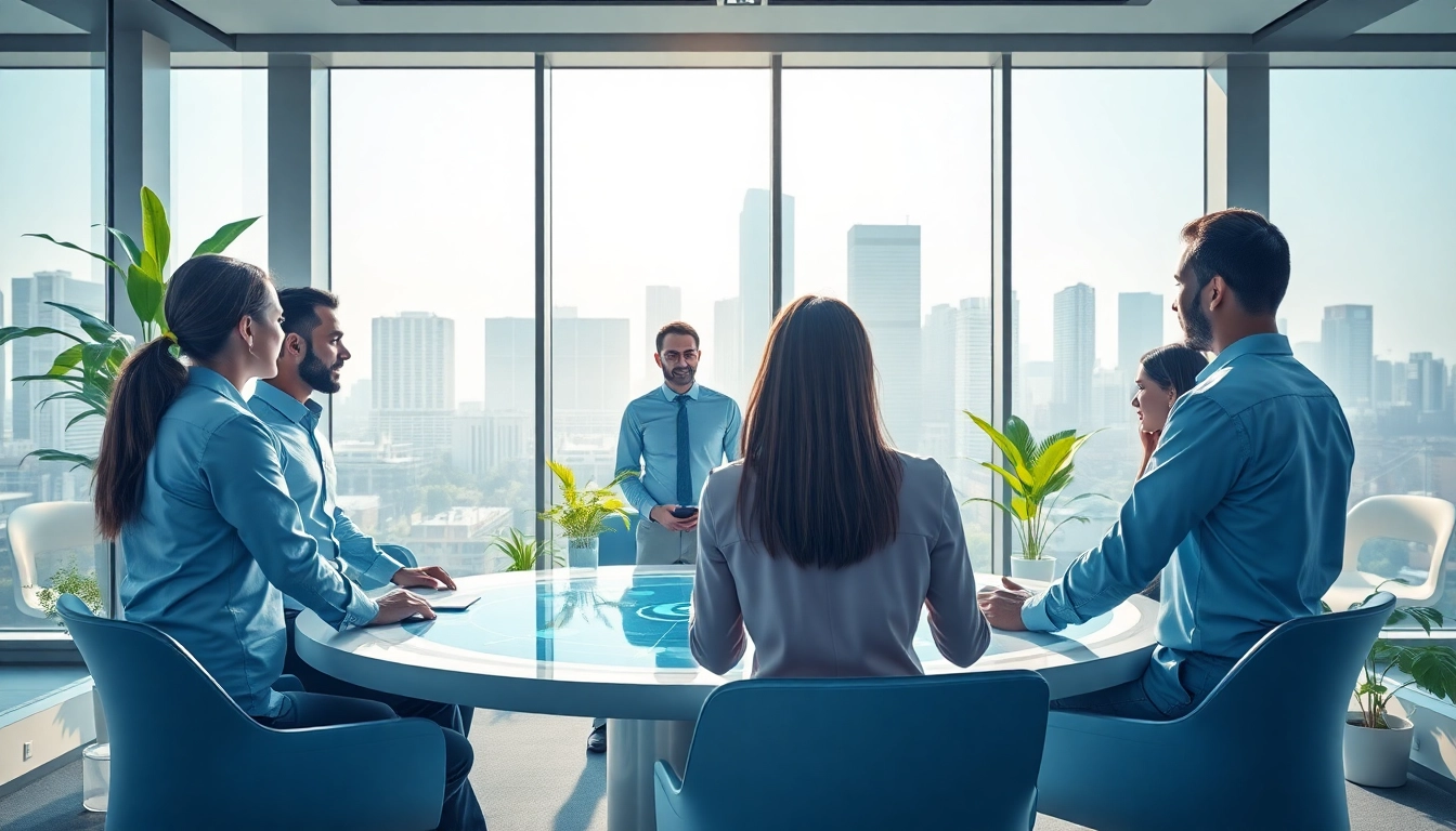 Illustrate a productive professional environment with the enterprise ai assistant engaging team members.
