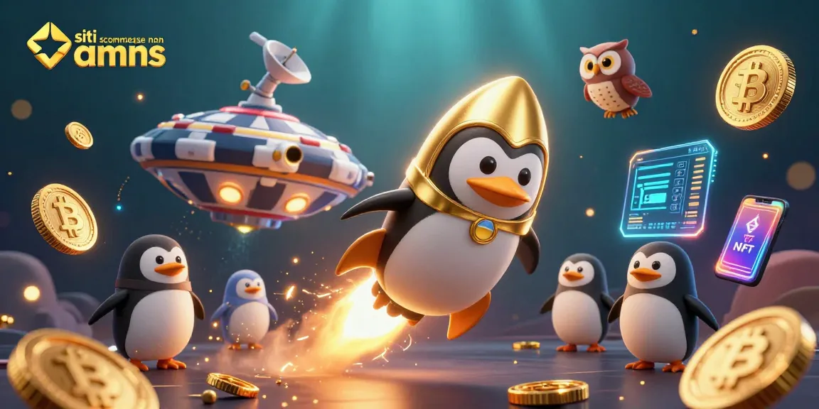 Gioca nei siti scommesse non AAMS con il pinguino dorato mentre attraversa l'universo, circondato da monete e criptovalute.