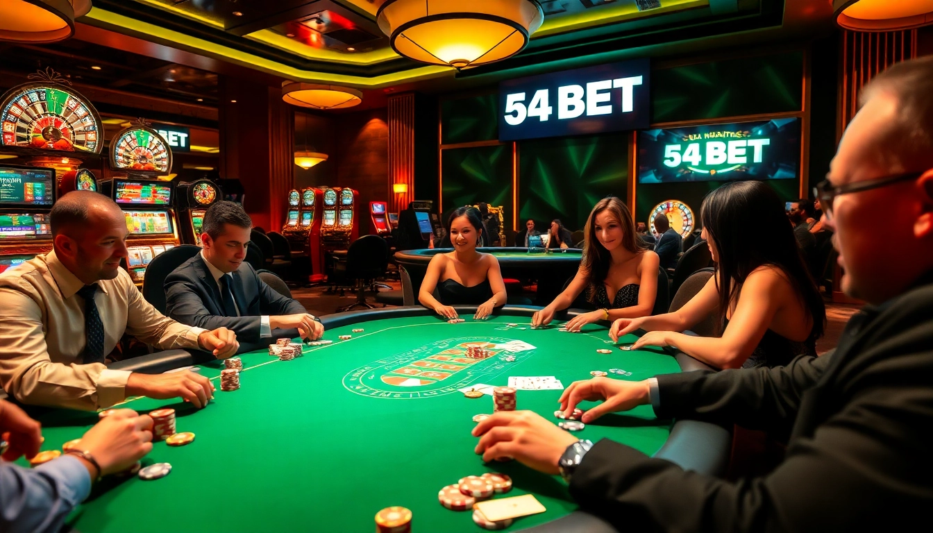 Engaging poker game at 54BET casino with players and chips on table.