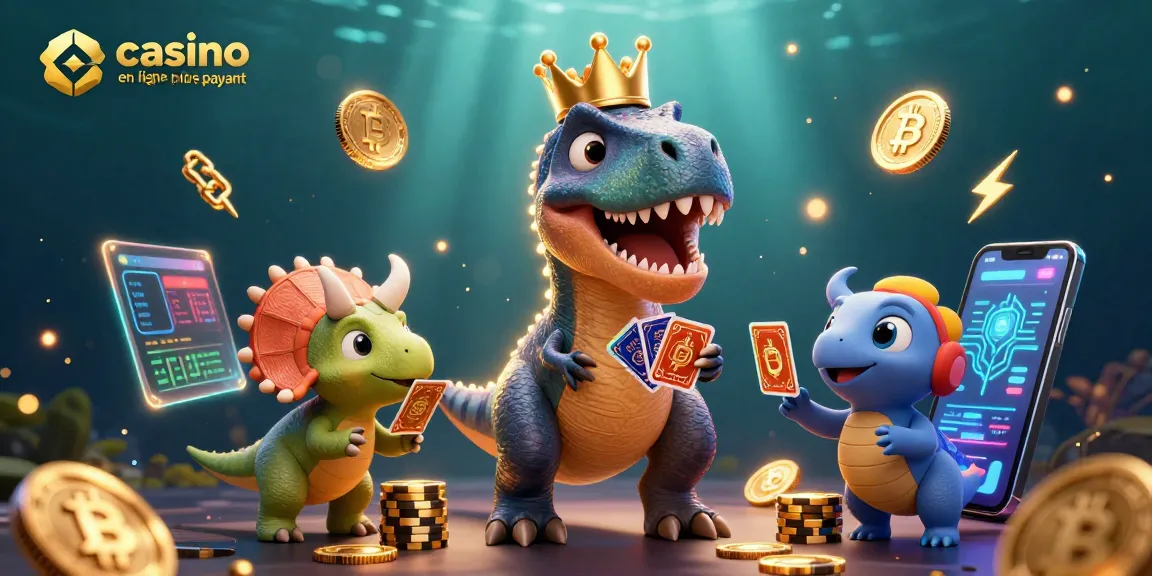Jouer au casino en ligne le plus payant avec un T-Rex et des éléments de crypto-monnaie animés.