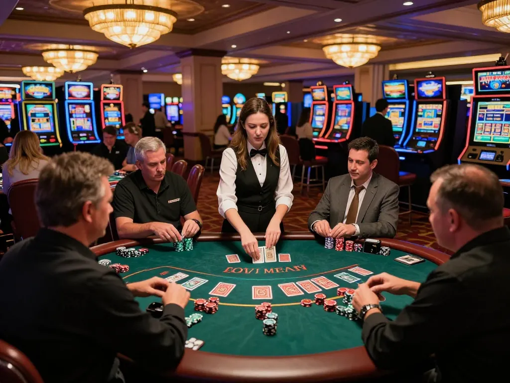 Players strategizing at a blackjack table, experiencing the thrill of MM88 casino games in a vibrant setting.