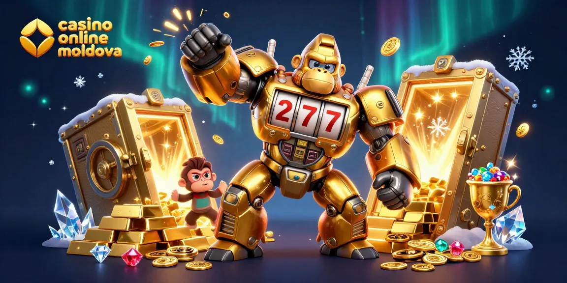 Joacă casino online moldova cu această ilustrație vibrantă a unui gorilă-mech în stil 3D, înconjurat de comori!