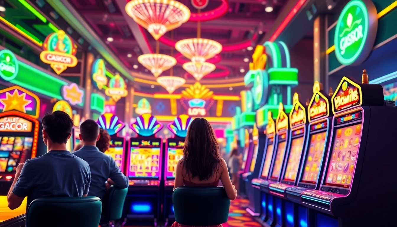 Permainan Slot Gacor yang menarik dengan pemain yang antusias dan lampu neon cerah.