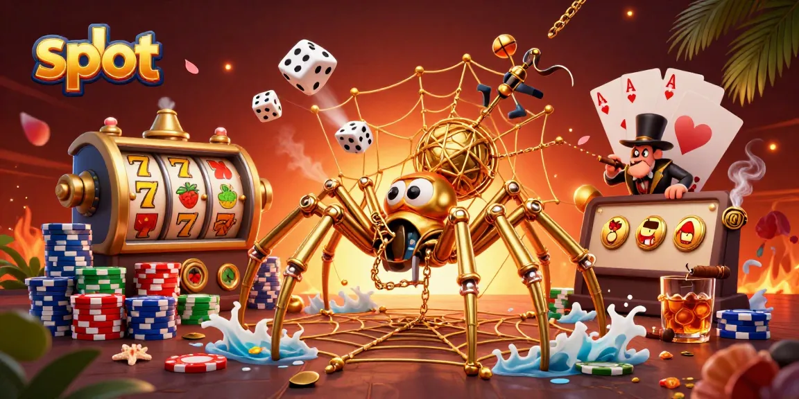 Spin and win with dynamic slot reels featuring a steampunk spider in a vibrant casino scene.