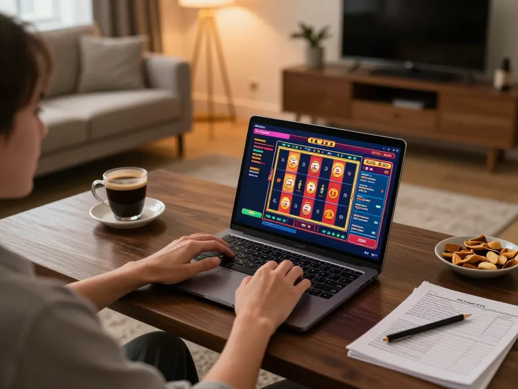 Person enjoying online gambling at home on BK8, displayed on a laptop with vibrant graphics.