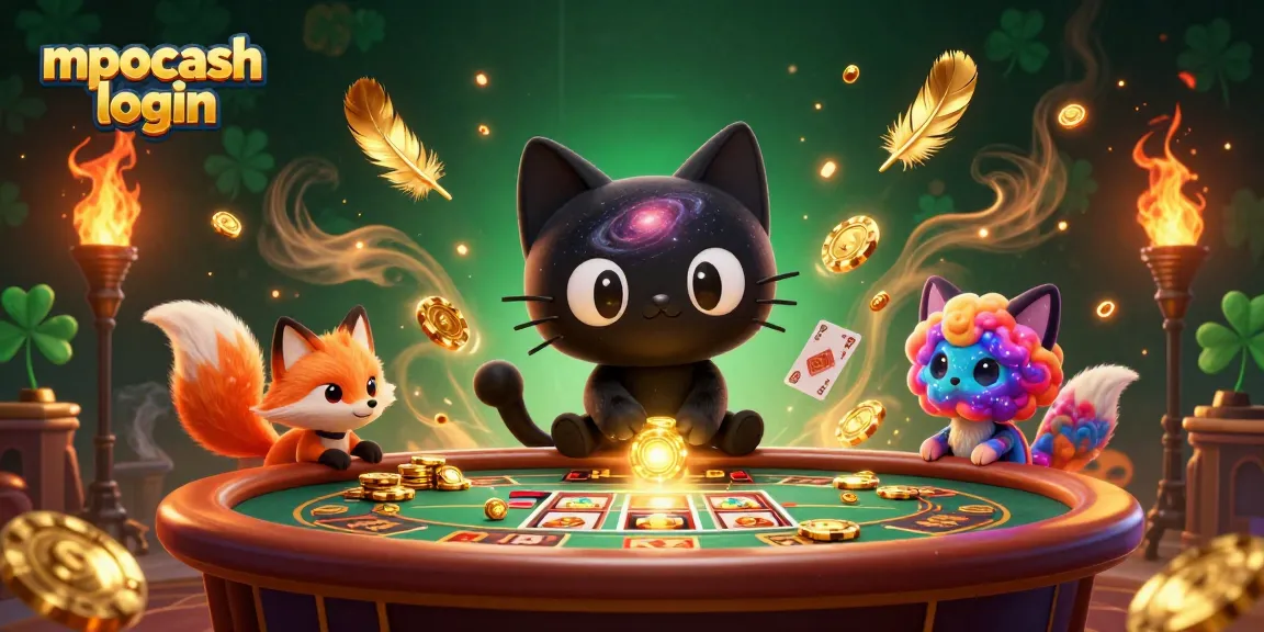 MPOCASH login scene showcases a 3D black hole cat in a vibrant casino atmosphere with golden chips.