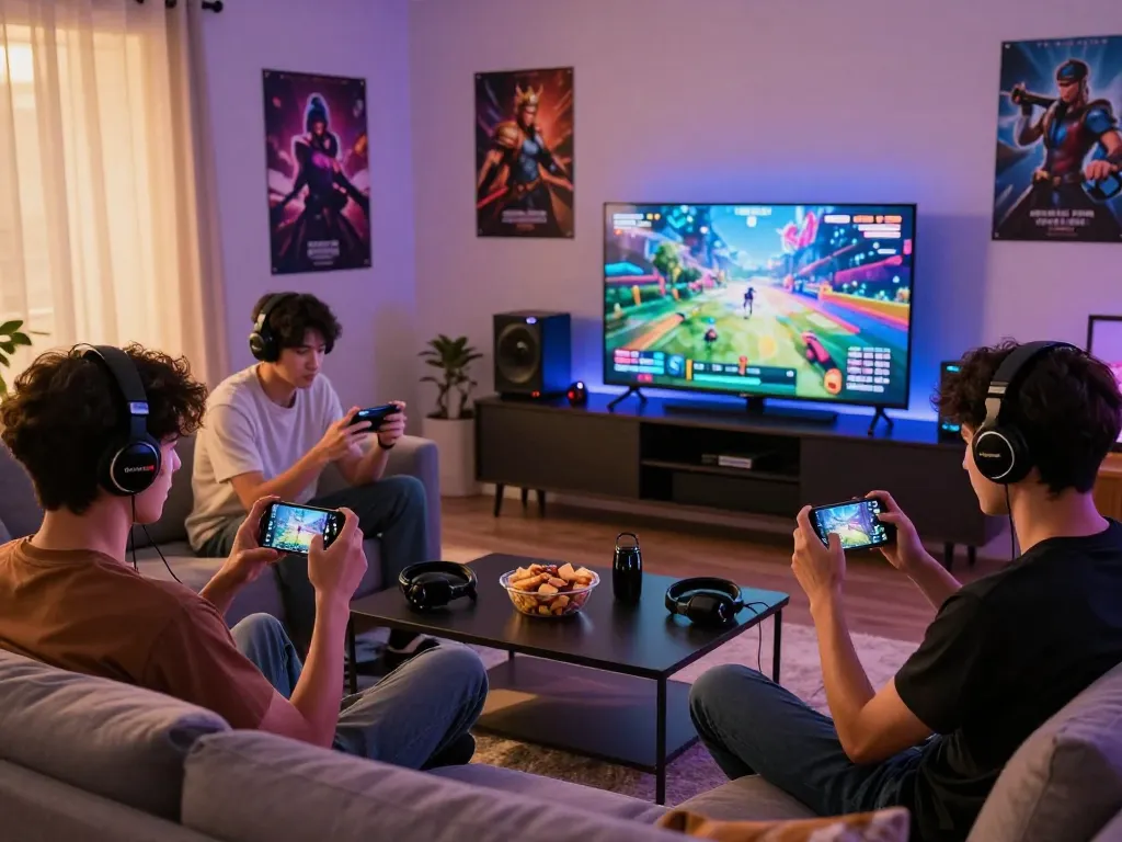 Engaging gamers enjoying mobile gaming on AUTOWIN88 in a vibrant living room setup.