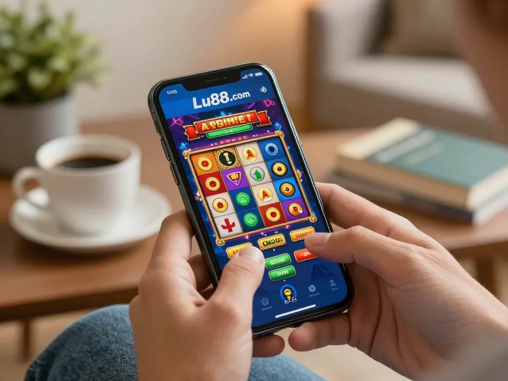 Player enjoying interactive slot game on lu88. com mobile app, highlighting engaging gaming experience.