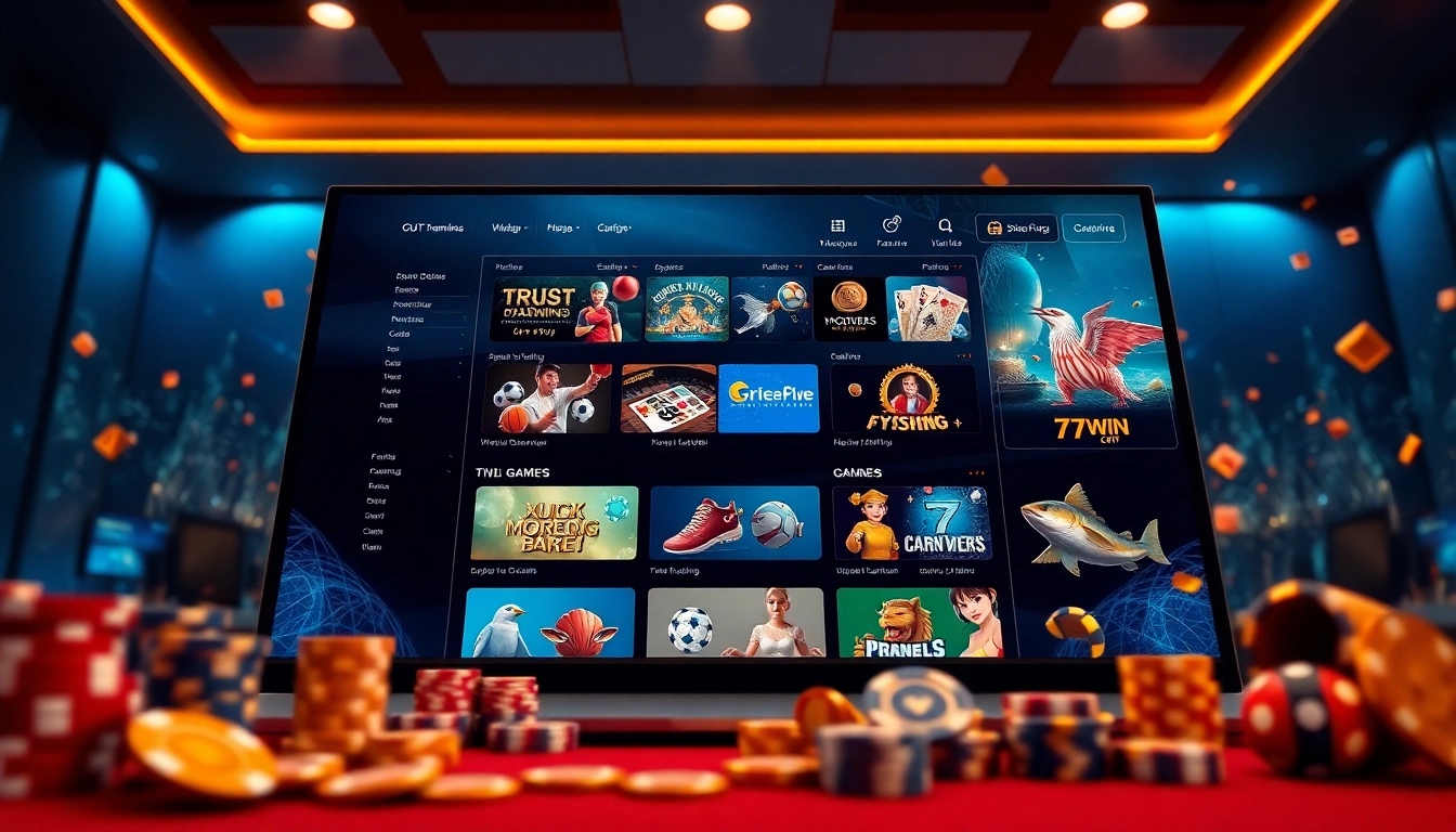Dynamic gaming interface of nhà cái 77win showing sports betting and casino options.