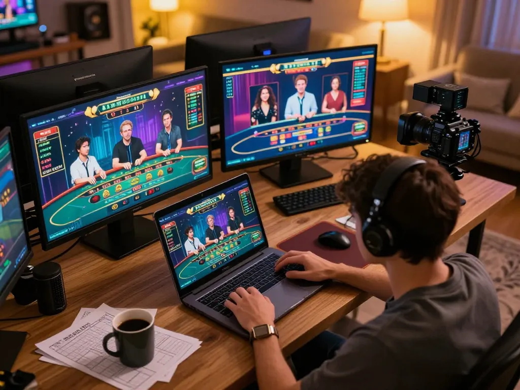 Engaging in a live casino game experience with bk33 on a laptop, showcasing strategic gameplay.