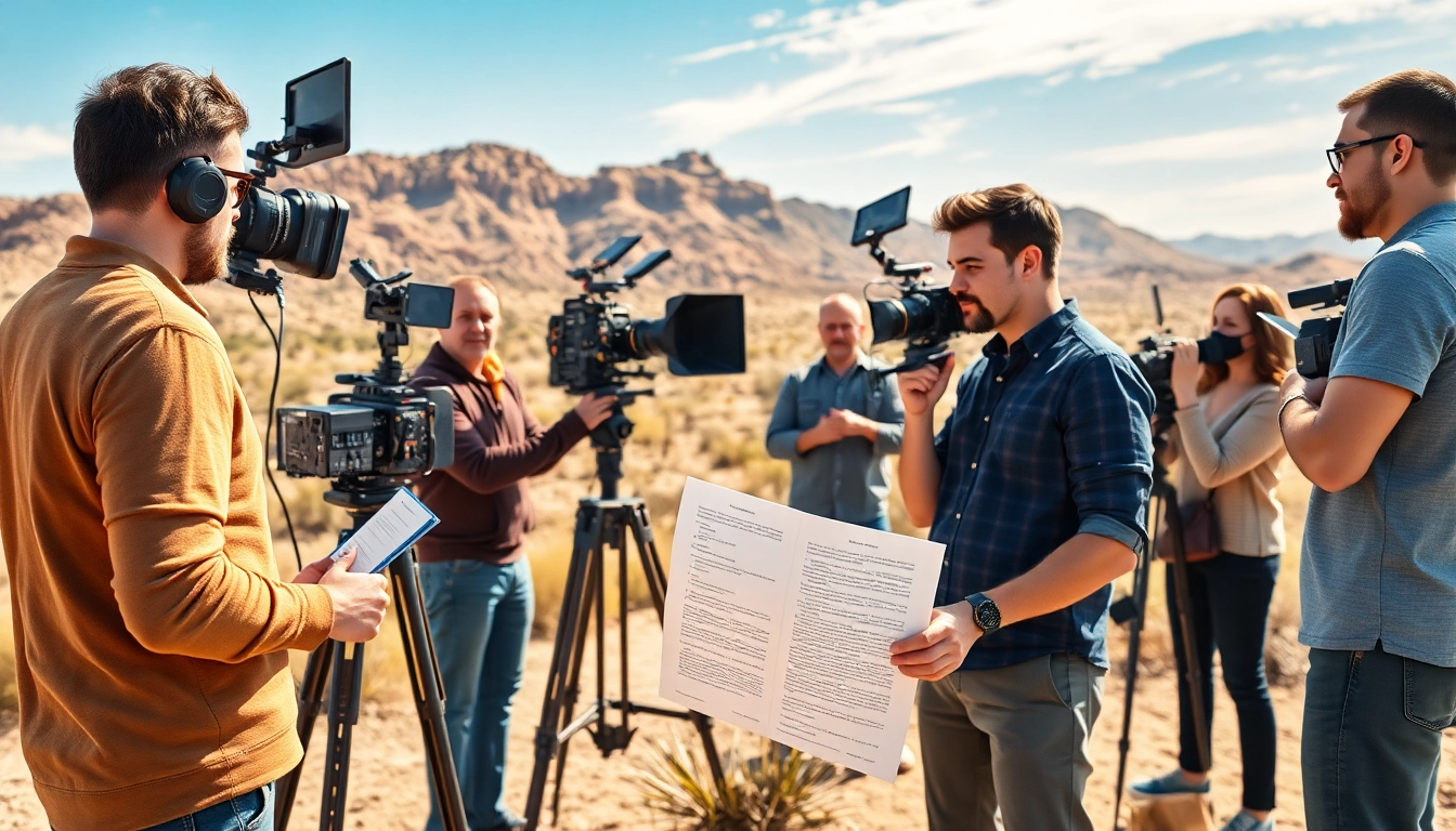 Video production Phoenix team collaborating in a vibrant desert backdrop under bright lighting.