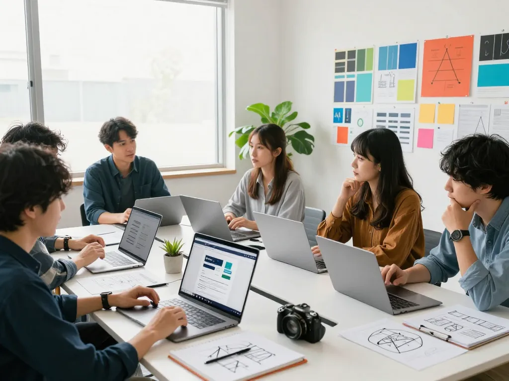現代のスタジオで合同会社SUMXのウェブデザインプロジェクトを示すクリエイティブチームのコラボレーション。